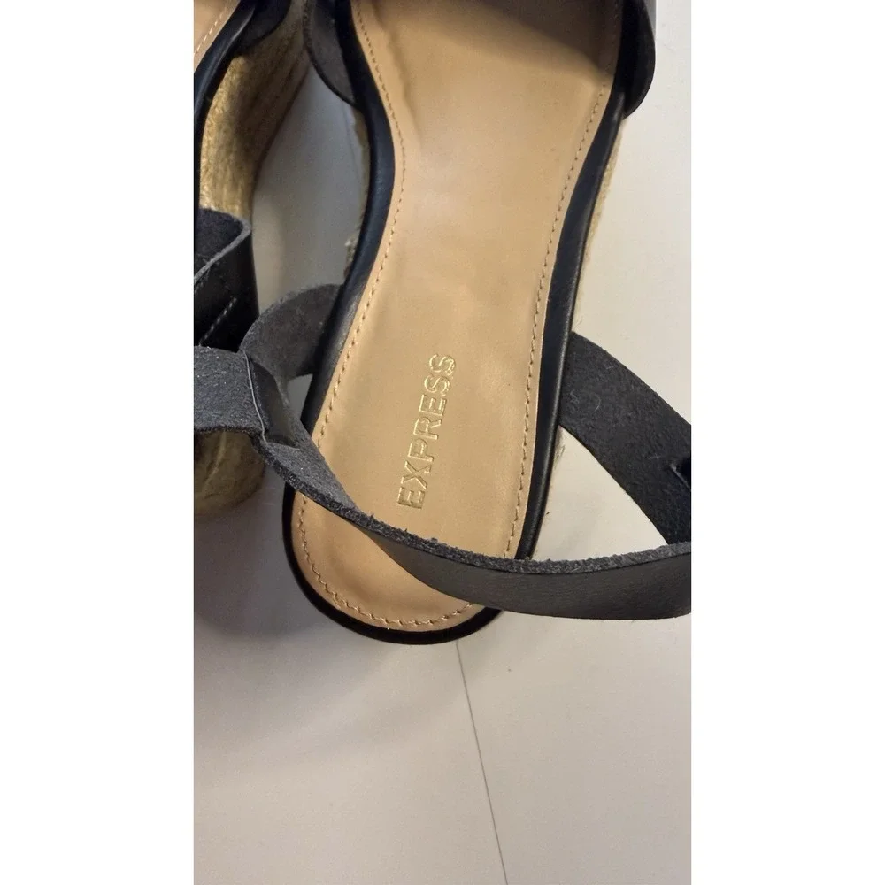 Black Faux Leather Espardrille Sandals Sz 8 With 2 1/2 Inch Heel Black No Box